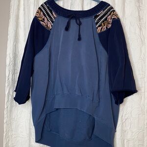 Free People Distressed Quilted Shoulder Blue Tunic Sweatshirt